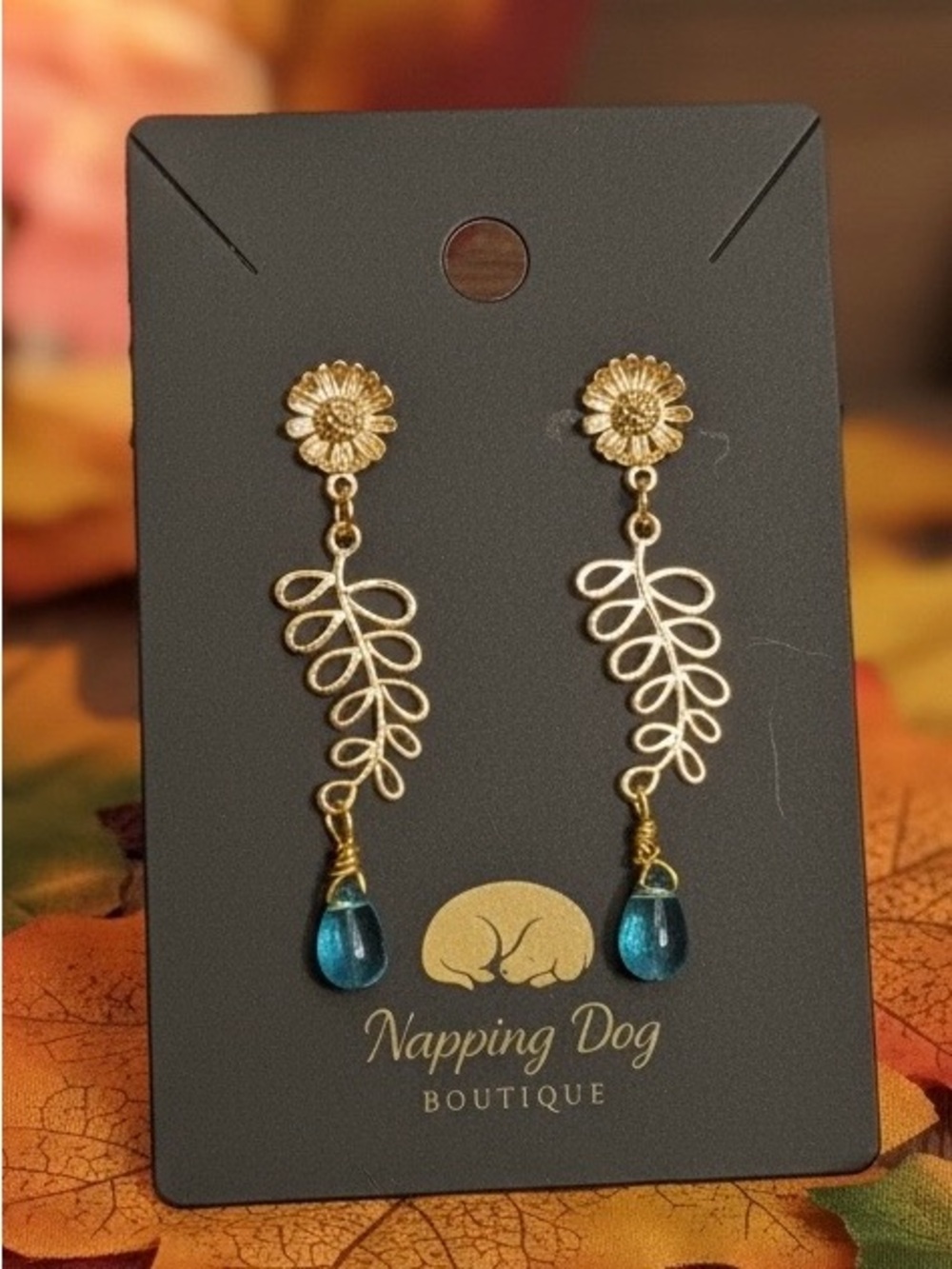 Gold-Tone Floral Leaf Dangle Earrings with Teal Glass Drops